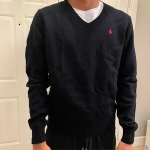 Polo Ralph Lauren 100% Wool Dark Blue V-Neck Sweater Pullover Red Pony Preppy